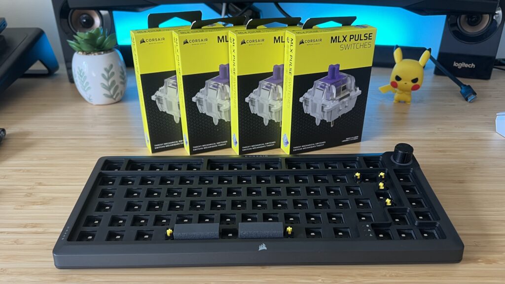 Corsair MAKR 75 barebone keyboard with Corsair switches on a wooden desk